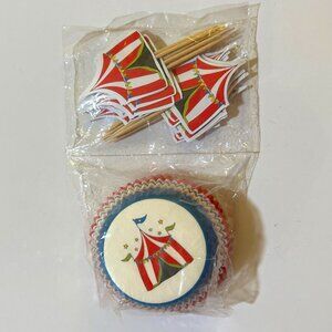 Blue and Red Circus Tent Themed Cupcake Cups and Picks 24 pack NWT